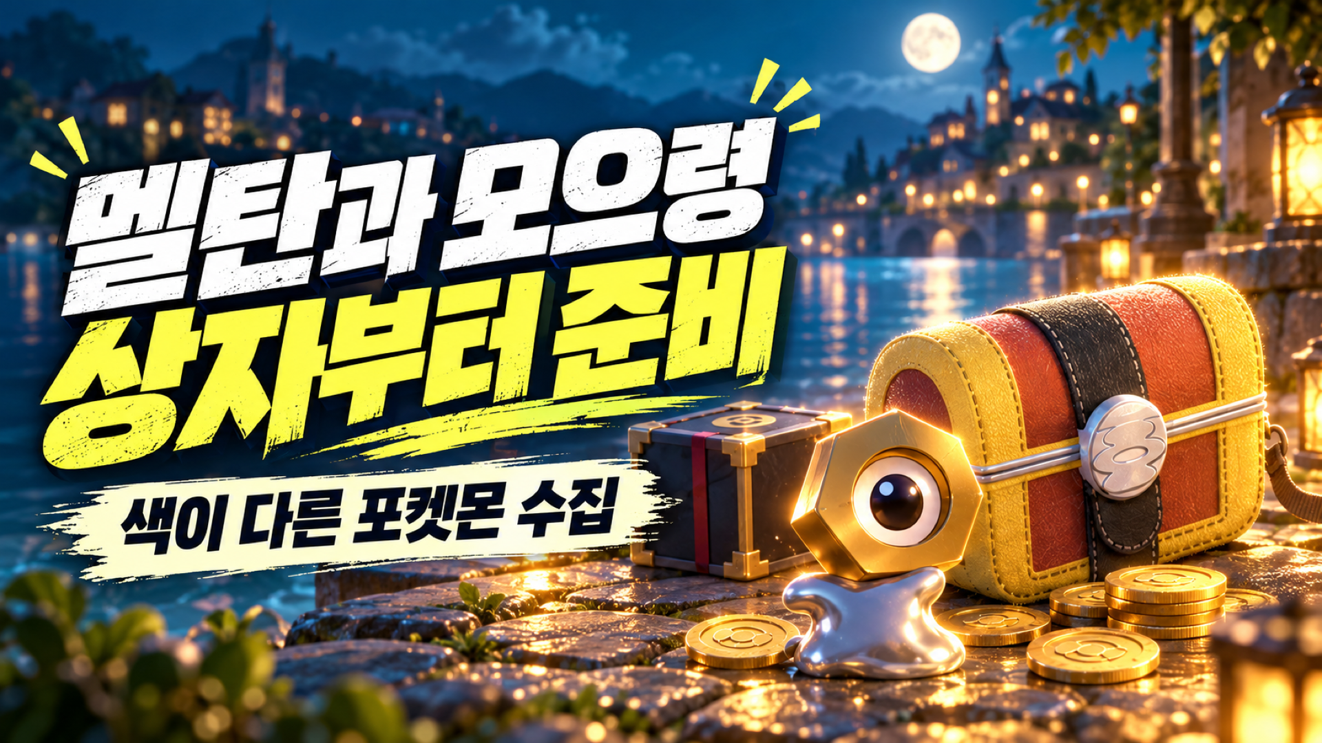 달빛이 비치는 호숫가에서 일반 멜탄과 이상한 상자 및 소중한 보물 상자를 표현한 수집 주제 썸네일