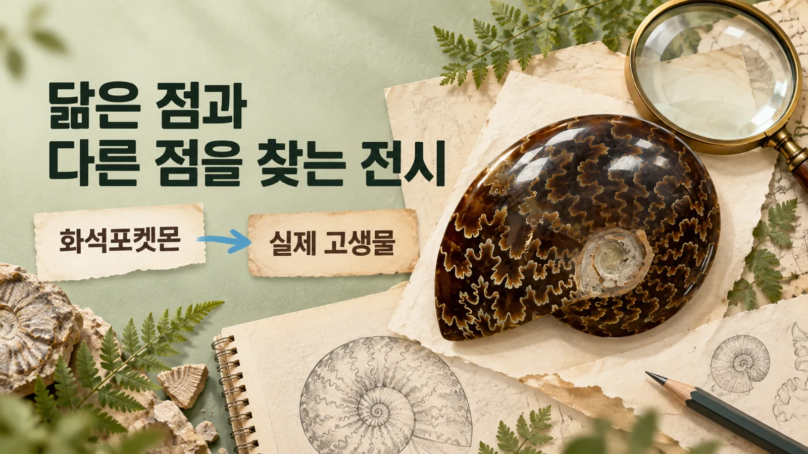 암모나이트 화석과 돋보기, 관찰 노트를 배치해 화석포켓몬과 실제 고생물의 비교를 표현한 합성 이미지