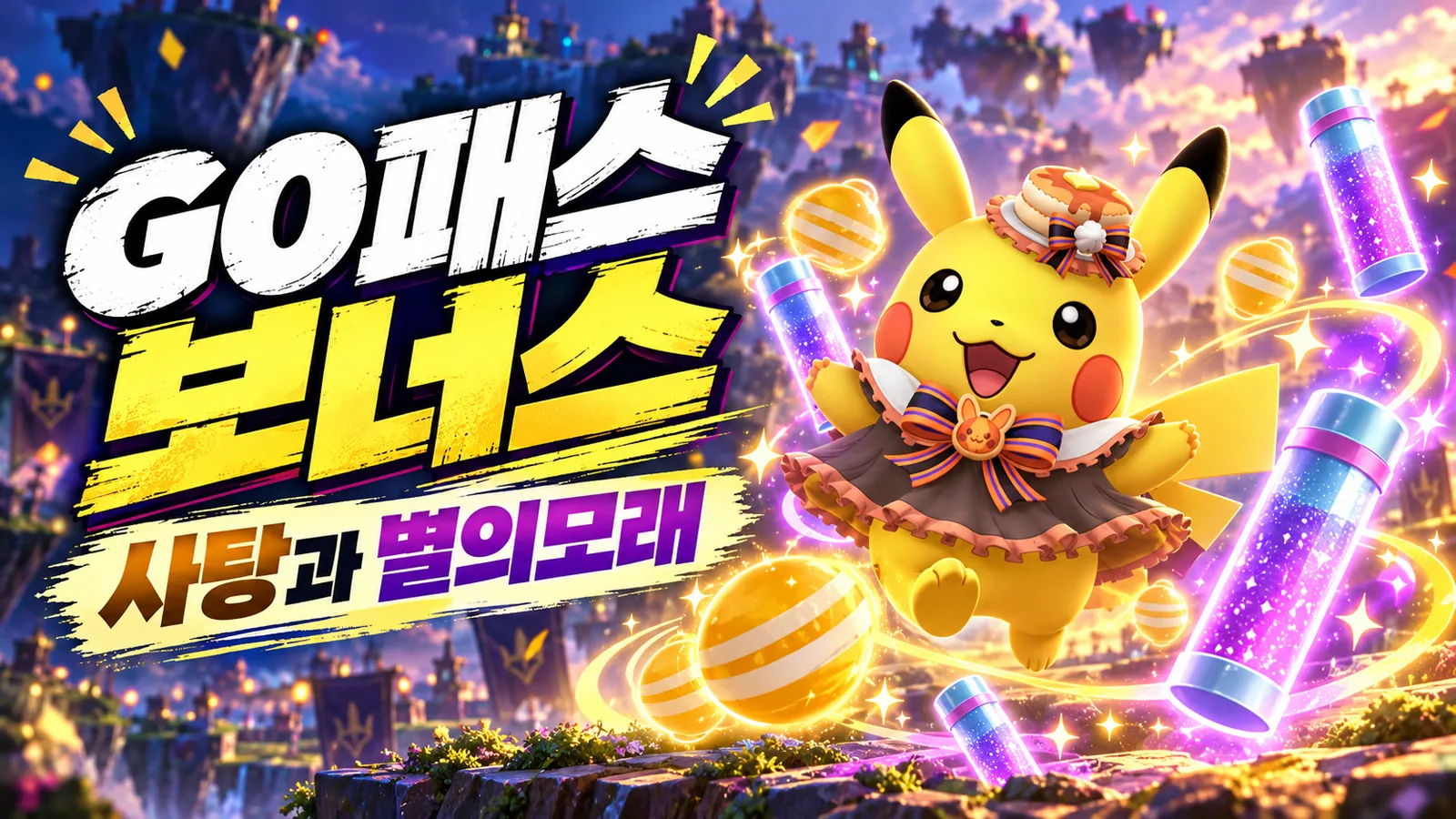 핼러윈 코스튬 피카츄와 사탕, 별의모래를 표현한 GO패스 이미지