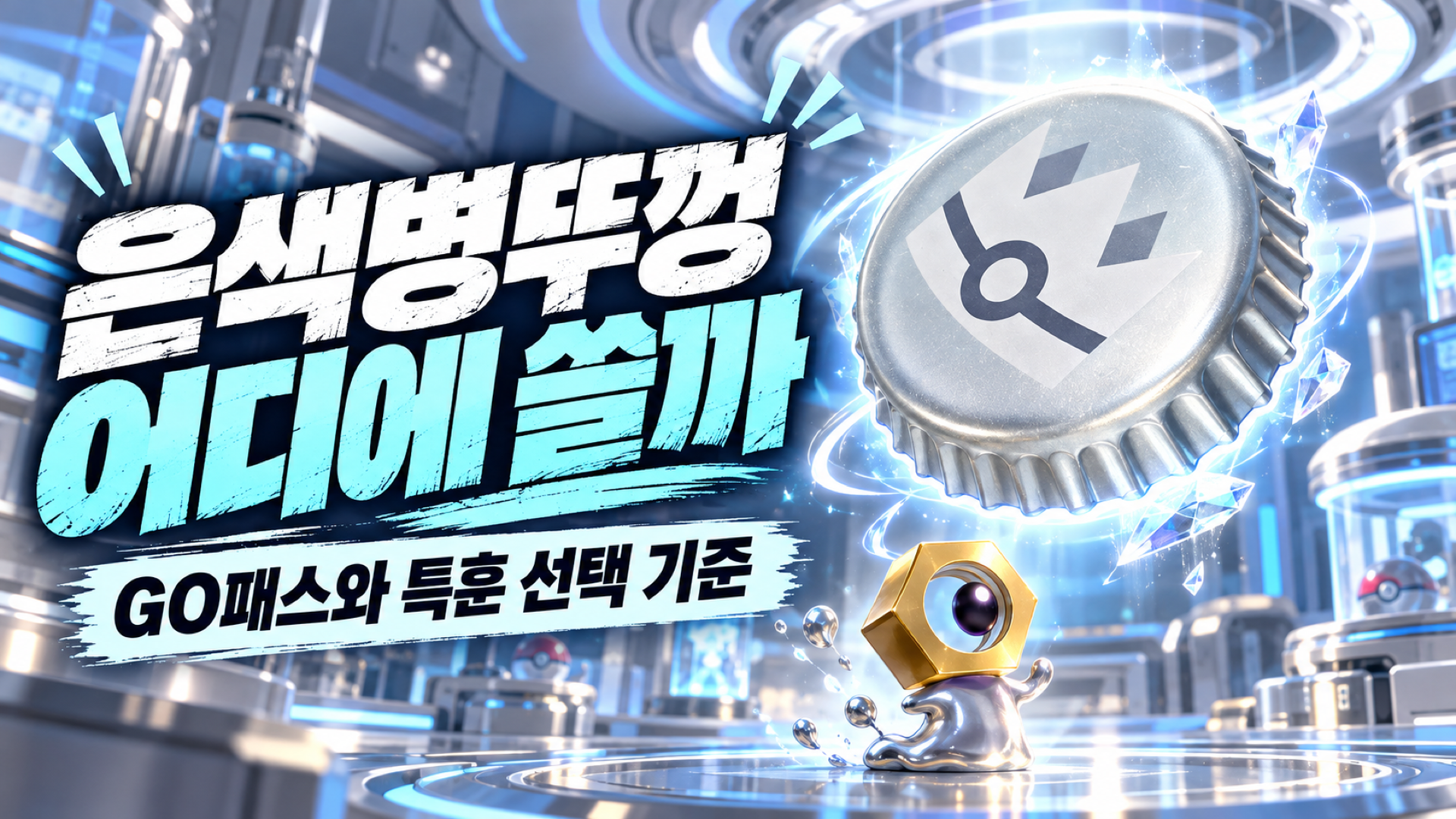 은청색 특훈 공간에서 은색병뚜껑과 멜탄을 표현한 GO패스 보상 선택 썸네일