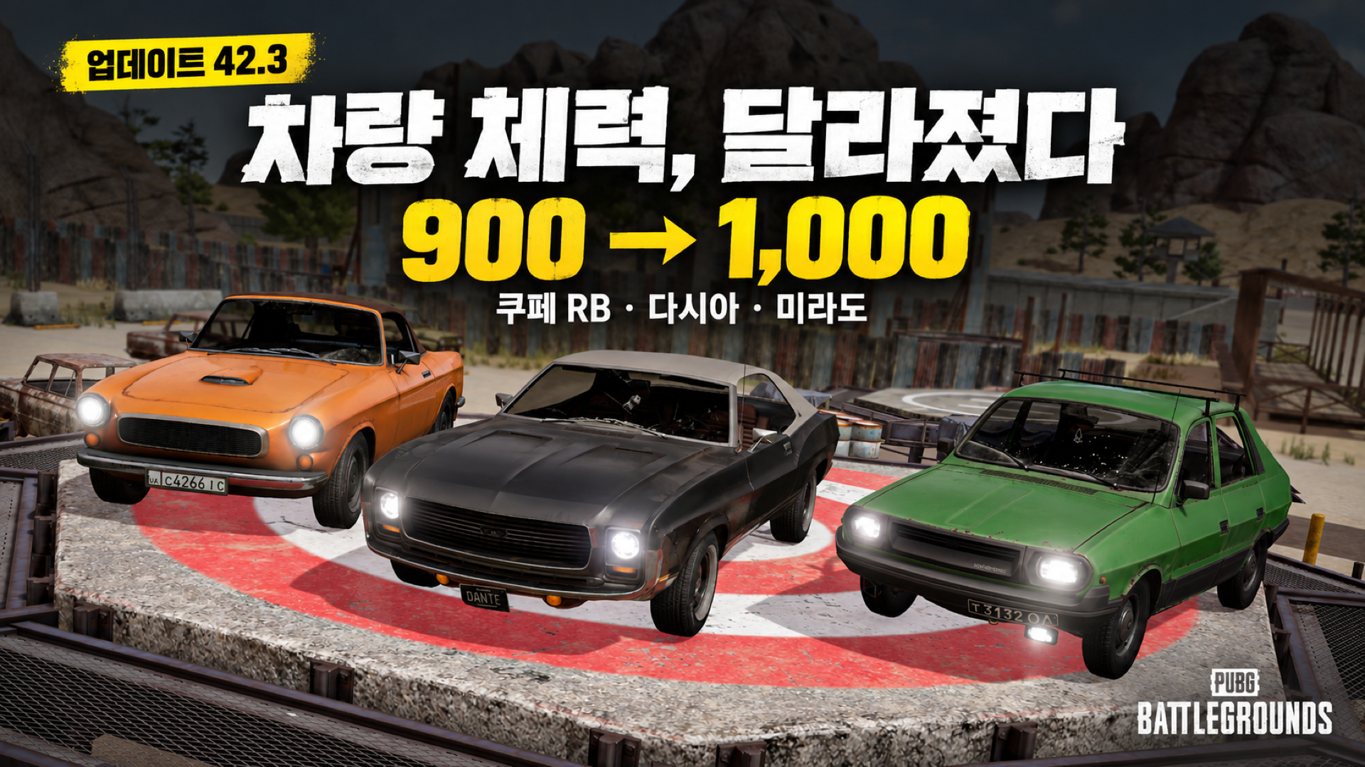 업데이트 42.3에서 쿠페 RB·다시아·미라도의 차량 체력이 900에서 1,000으로 증가한 내용을 정리한 이미지