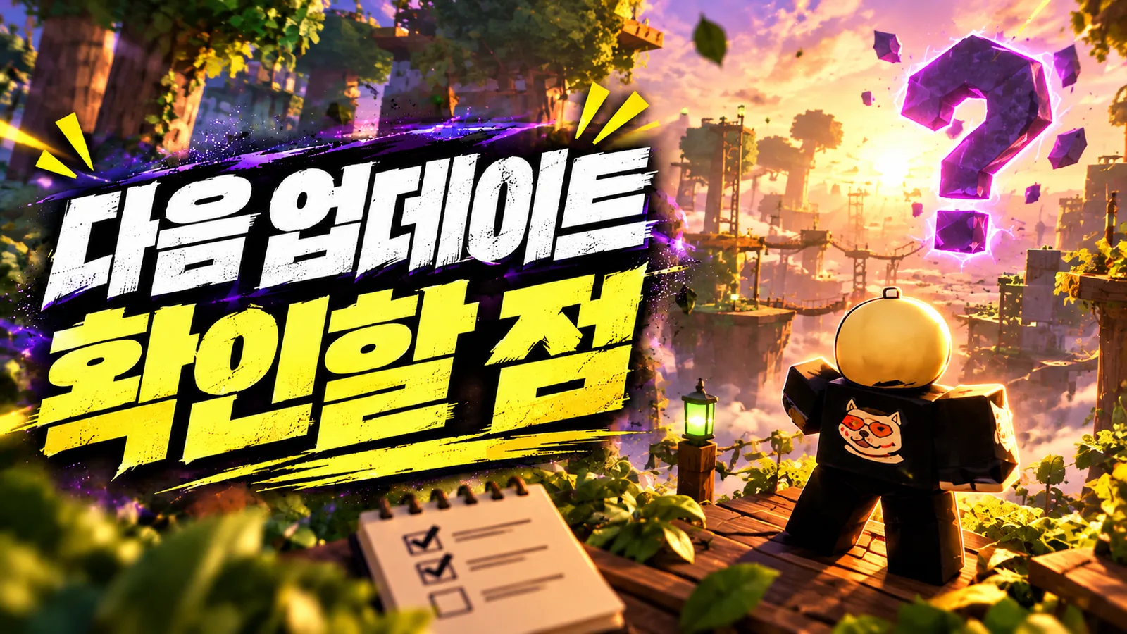 게임 아바타와 물음표로 다음 업데이트의 확인 사항을 표현한 이미지