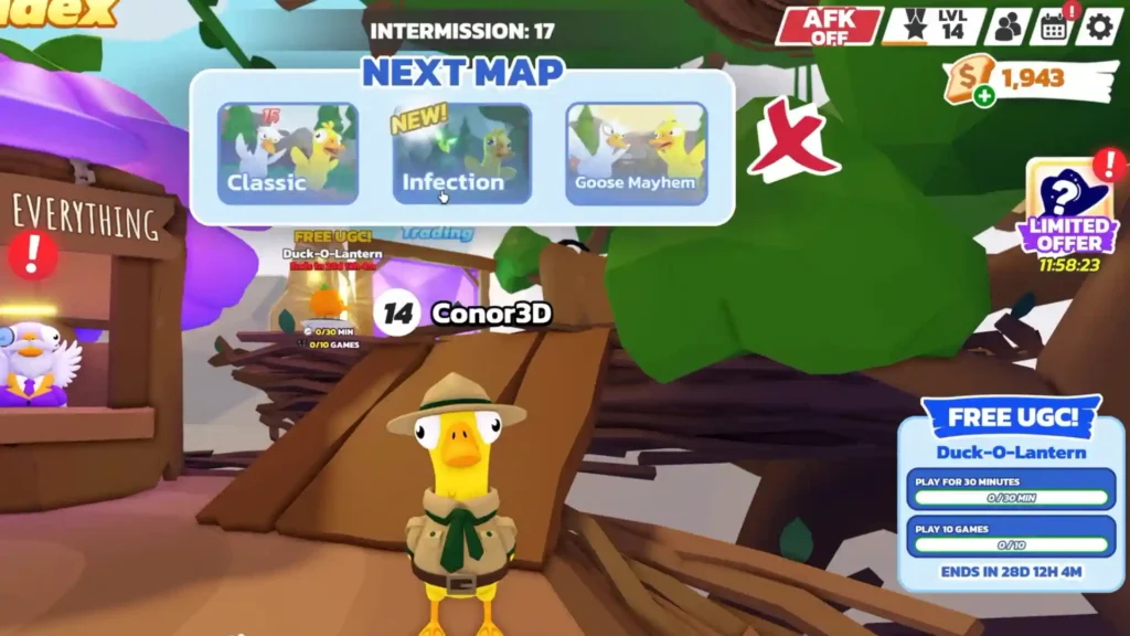 Duck Duck 화면 오른쪽 무료 UGC 패널에 표시된 PLAY FOR 30 MINUTES와 PLAY 10 GAMES 조건