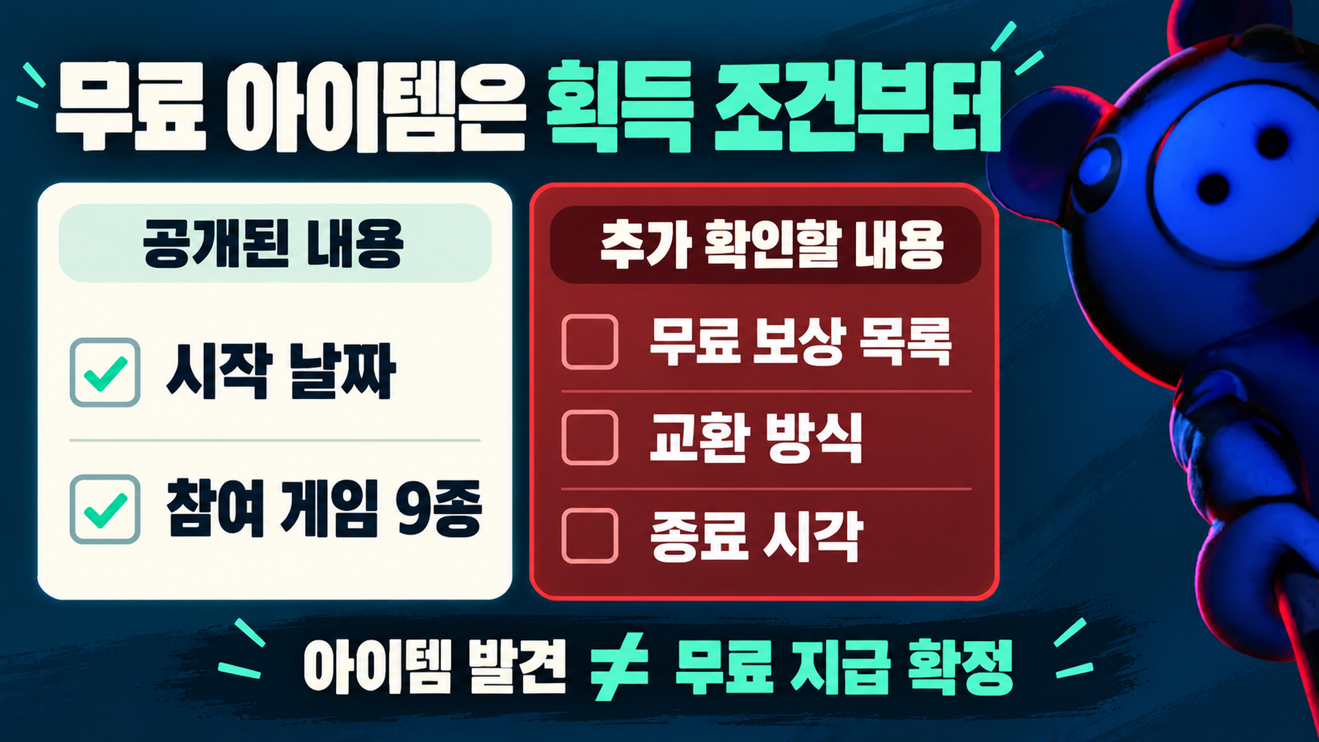 공개된 시작 날짜와 참여 게임, 추가 확인이 필요한 무료 보상 목록과 교환 방식 및 종료 시각을 구분한 이미지