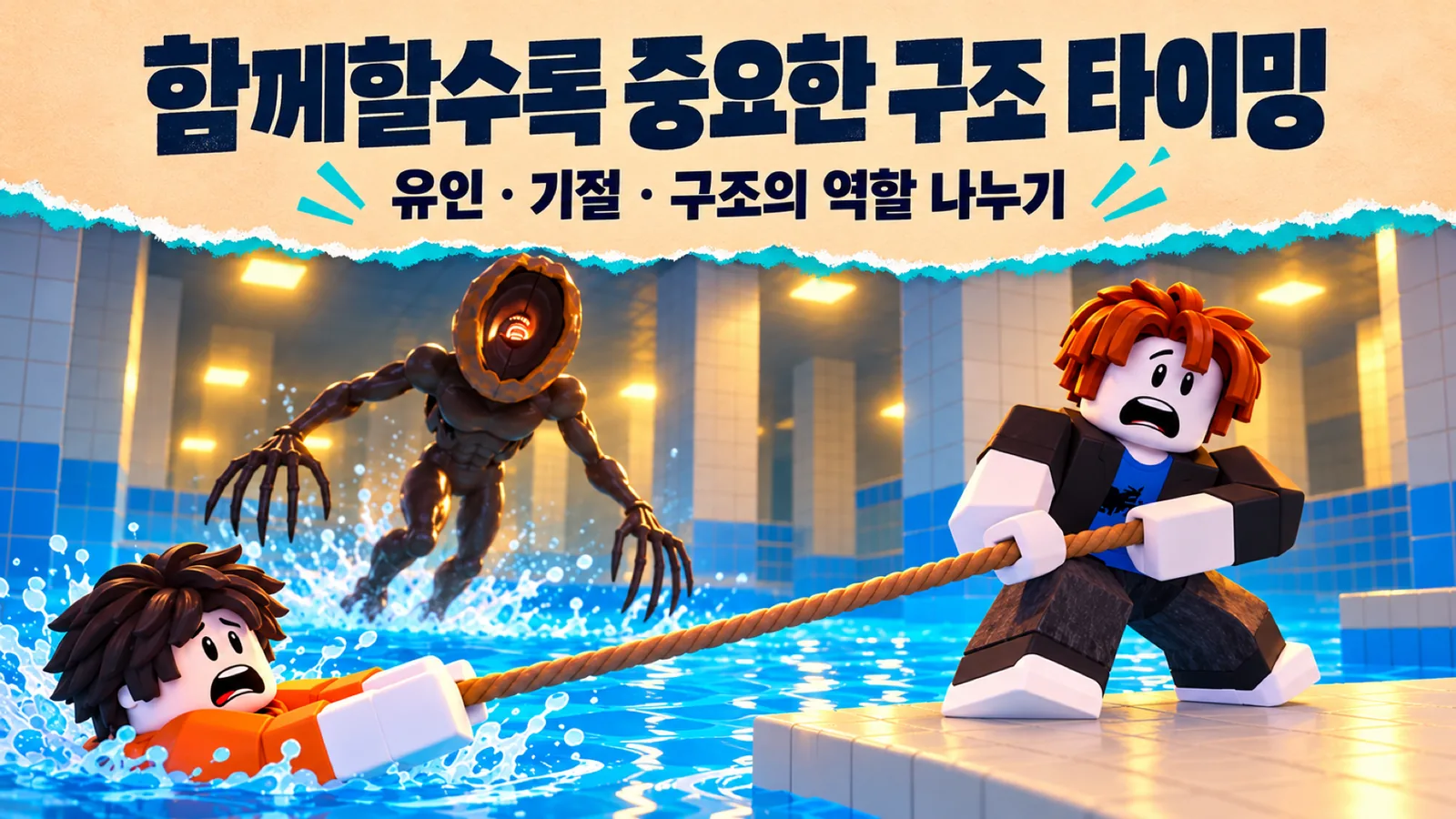 물에 빠진 동료에게 밧줄을 건네는 캐릭터와 뒤에서 접근하는 괴물을 담은 공식 홍보 이미지 기반 AI 합성 이미지