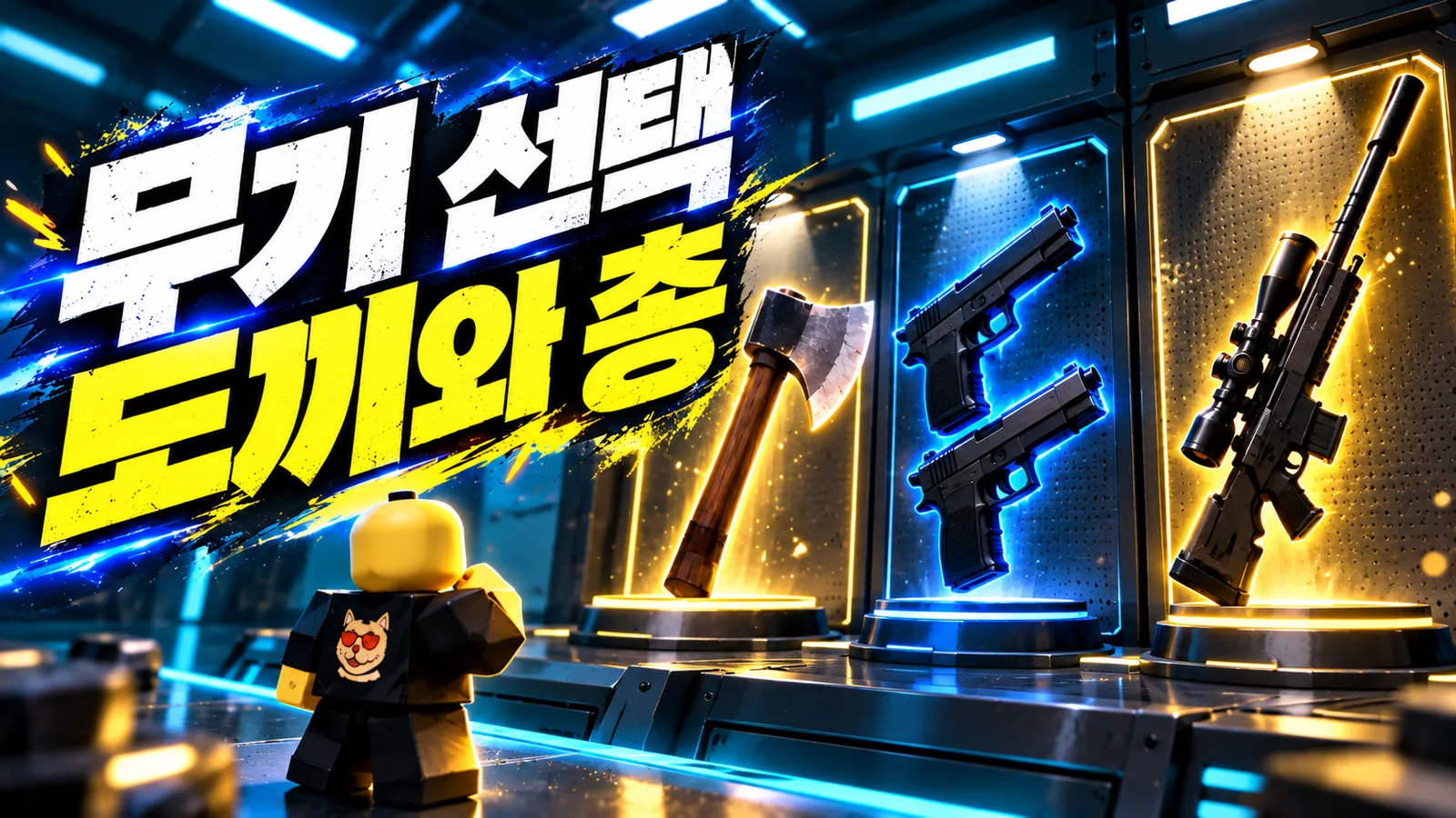 도끼를 든 게임 아바타와 권총, 저격총을 배치한 무기 선택 이미지
