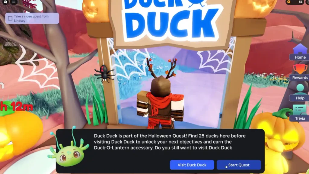 패밀리 존 Duck Duck 입구에서 오리 25마리 수집을 안내하는 대화창과 Start Quest 버튼