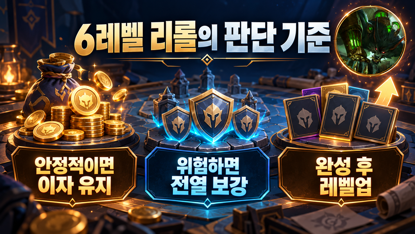 안정적인 상황의 이자 유지와 위험한 상황의 전열 보강을 구분한 6레벨 리롤 판단 이미지