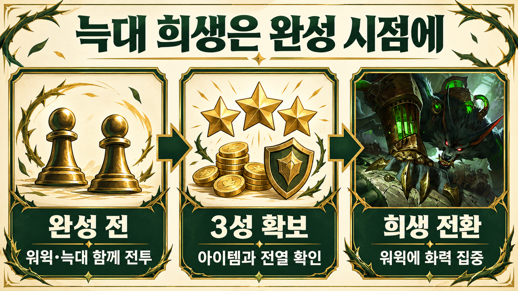워윅과 늑대의 동시 전투에서 핵심 유닛 준비 후 희생 운영으로 넘어가는 과정을 보여주는 이미지