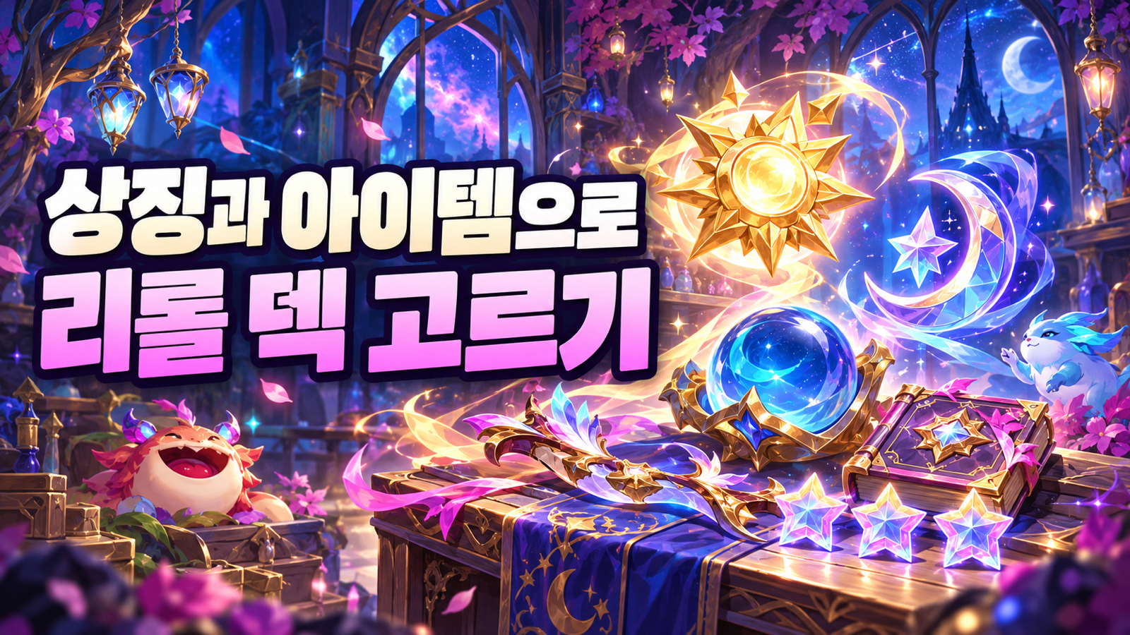 달빛 상징과 햇빛 상징 그리고 마법 아이템으로 표현한 조건부 리롤 덱 선택
