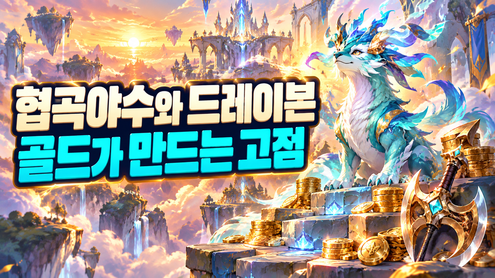 협곡야수와 드레이븐 운영을 상징하는 용과 골드 그리고 상승하는 공중 계단