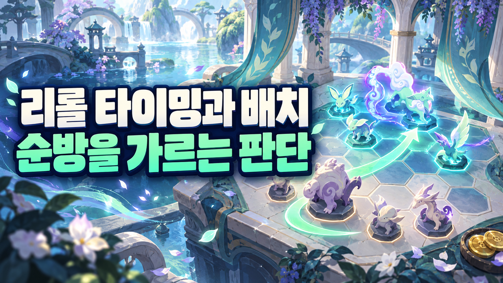 리롤 타이밍과 전열 후열 배치를 표현한 청록색 육각형 전술 보드