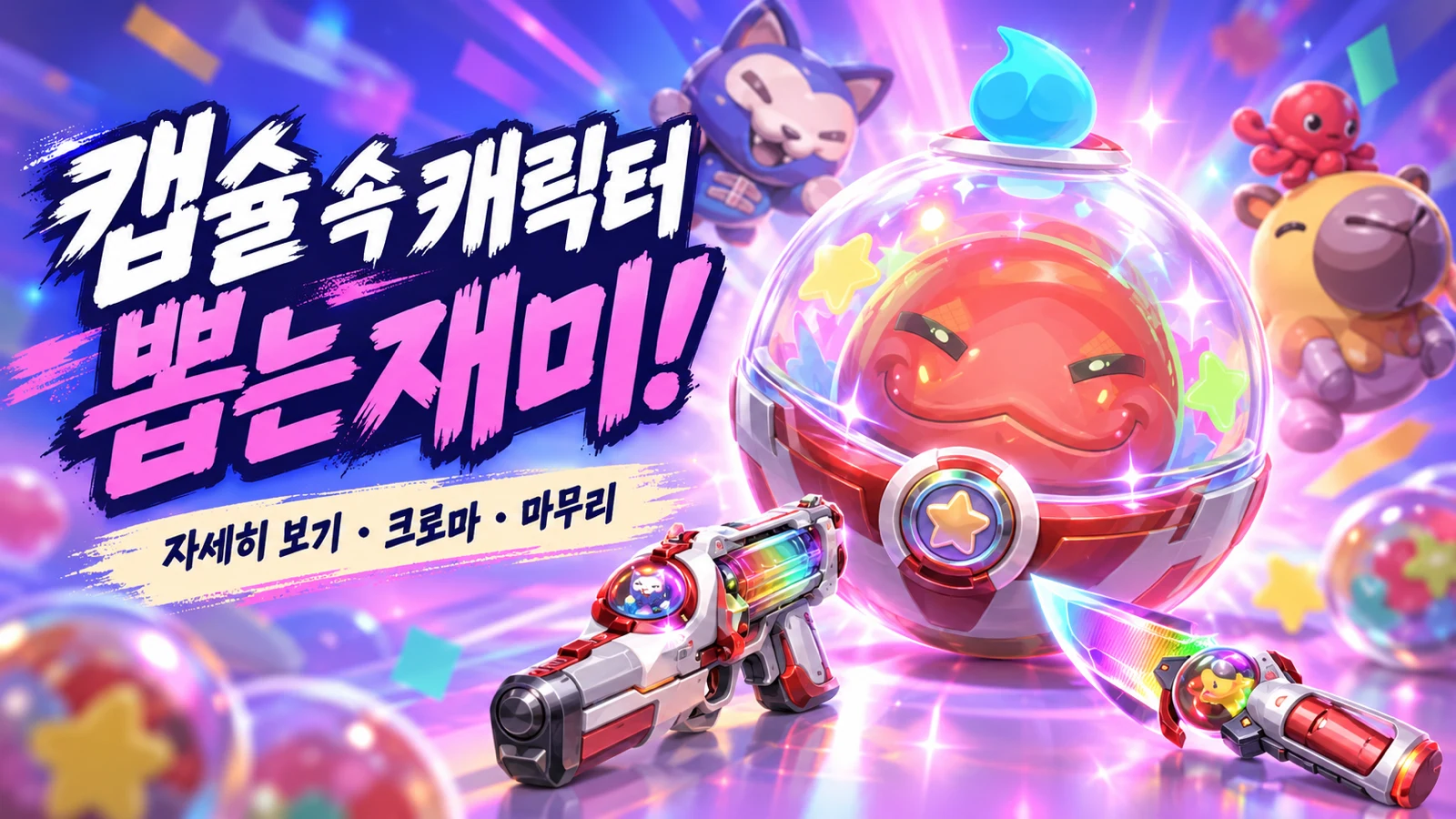 팝몬즈 캡슐 캐릭터와 자세히 보기 뽑기 연출을 보여주는 썸네일