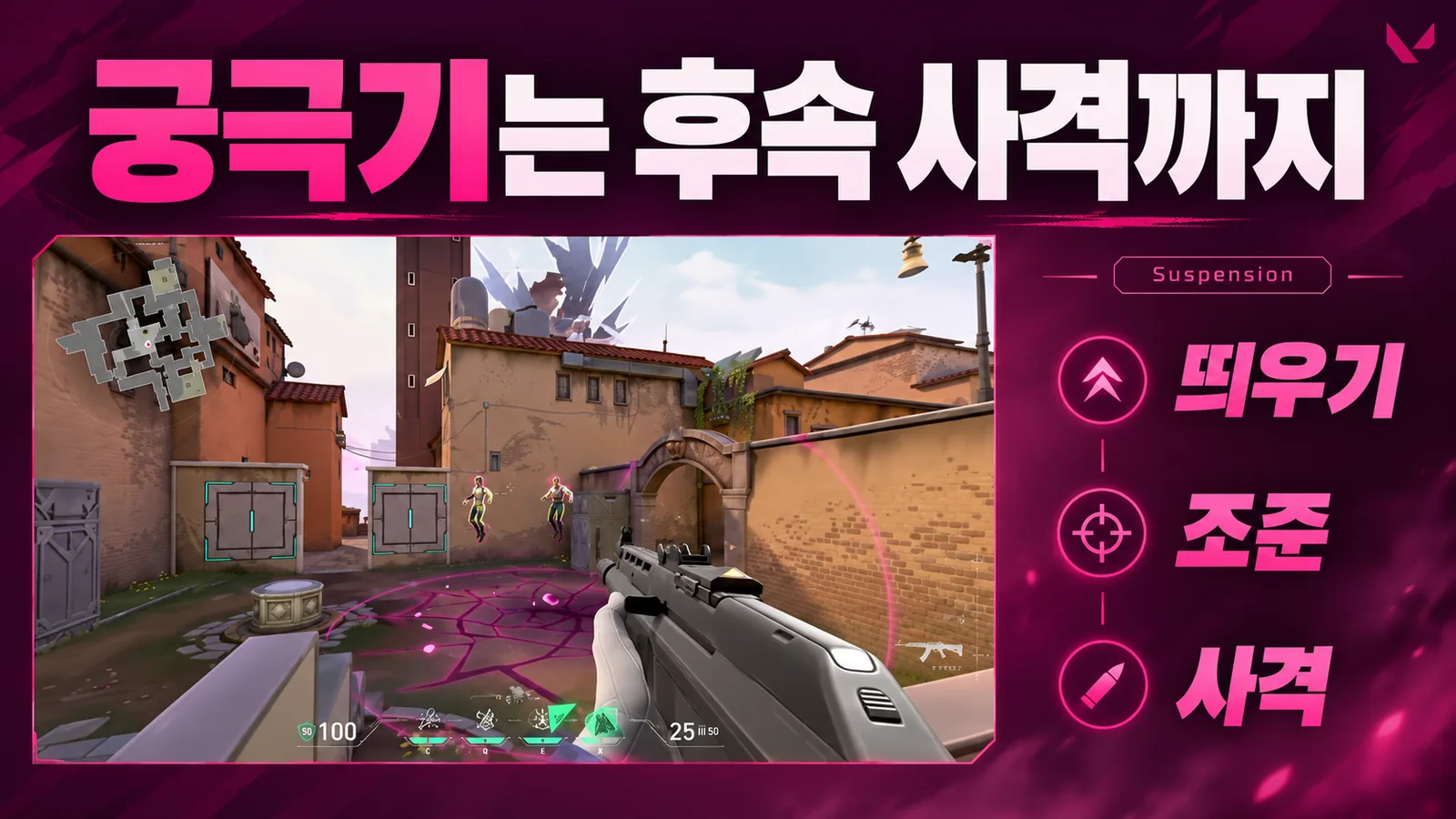 상대를 공중에 띄우는 장면을 재구성하고 띄우기 이후 조준과 사격의 연결을 강조한 이미지