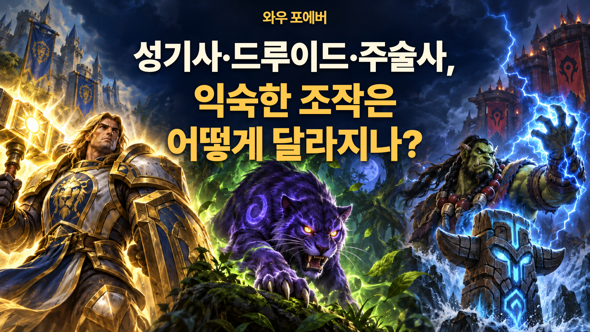 성기사 드루이드 주술사의 조작 변경을 소개하는 제목과 세 직업의 일러스트