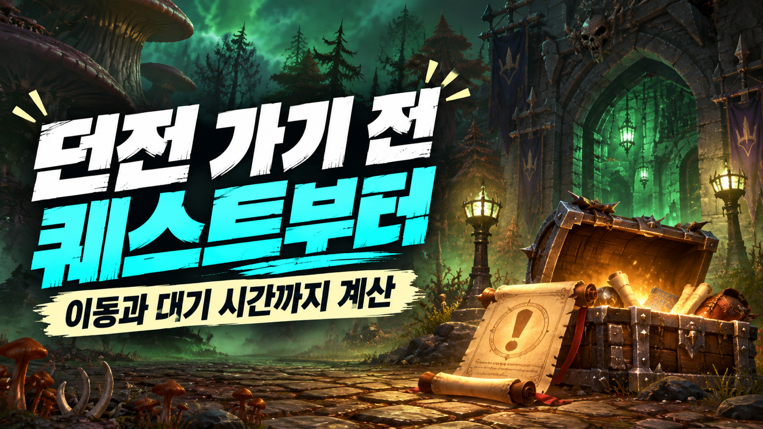 던전 입장 전에 퀘스트를 준비하고 이동과 파티 대기 시간을 계산하는 썸네일