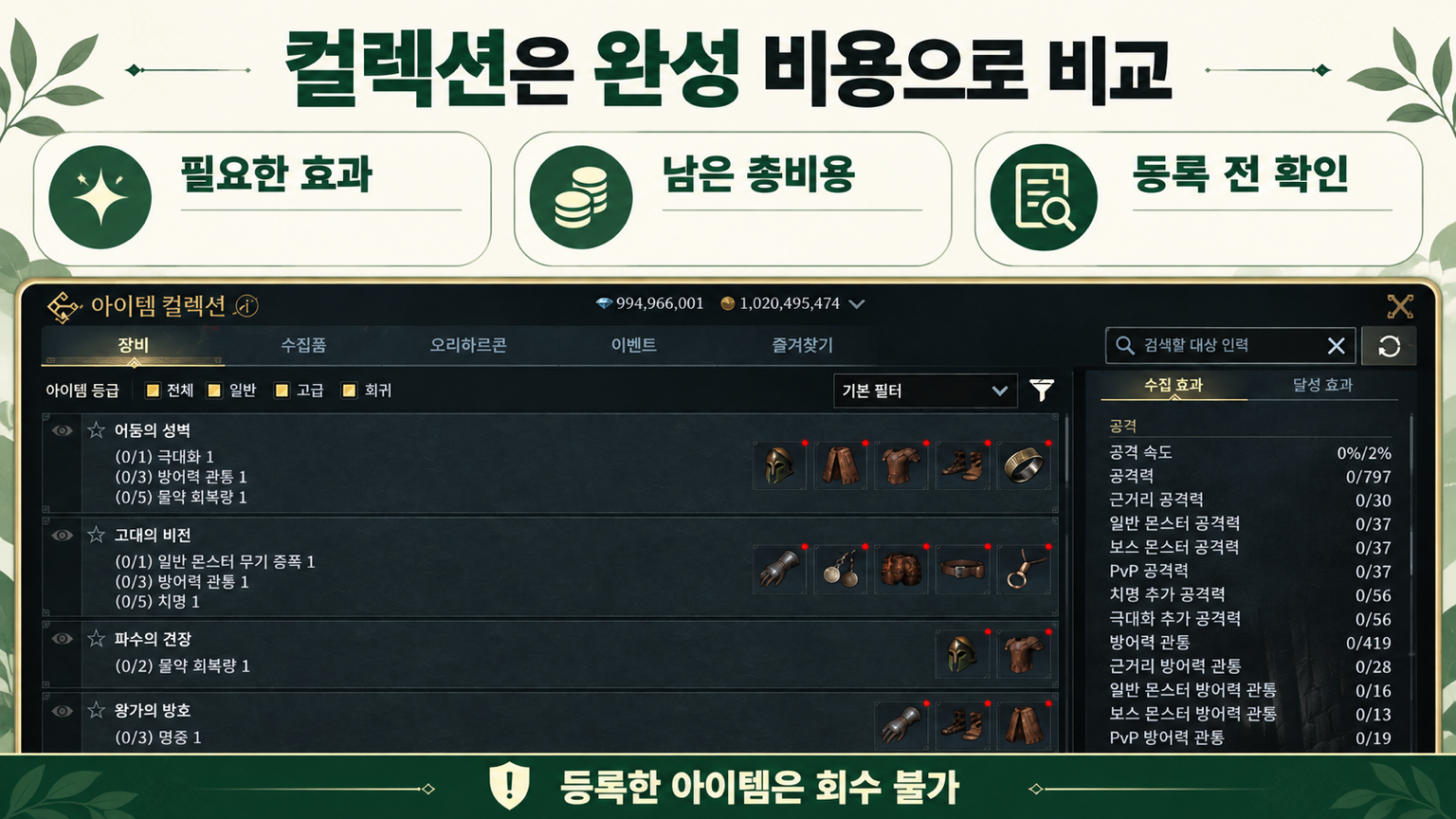 아이템 컬렉션에서 필요한 효과와 완성 비용 및 등록 전 확인 사항을 정리한 이미지