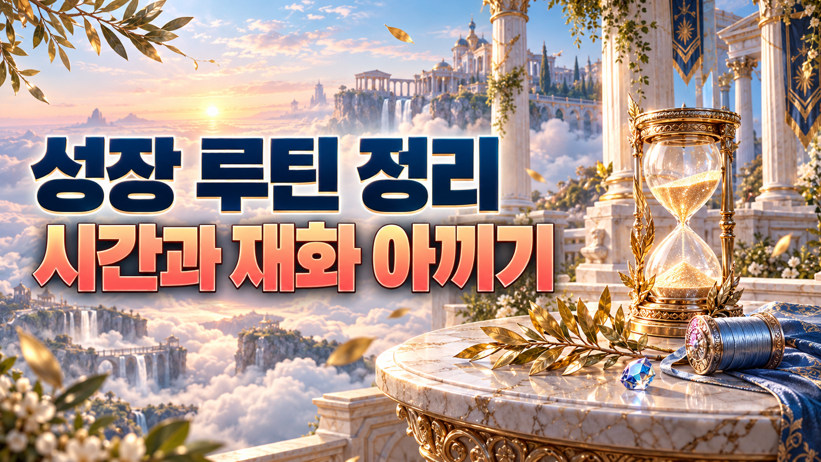 새벽 신전의 모래시계와 성장 재료로 시간과 재화를 아끼는 성장 루틴을 표현한 썸네일