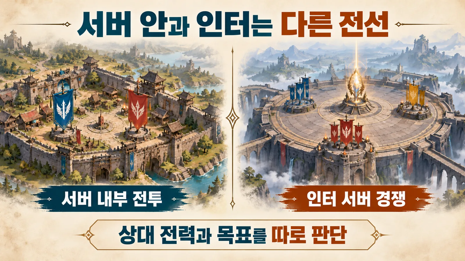 서버 내부의 두 세력 간 전투와 더 넓은 인터 서버 경쟁을 구분해 보여주는 개념 그림