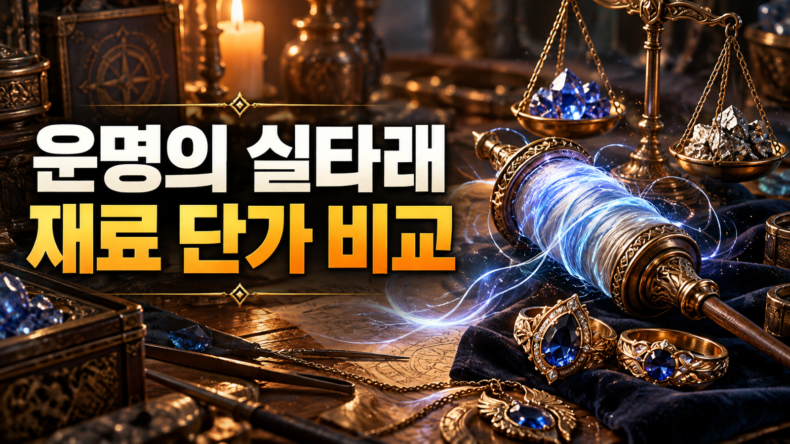 장신구와 푸른 실이 감긴 실패를 배치해 운명의 실타래 재료 단가 비교를 표현한 썸네일