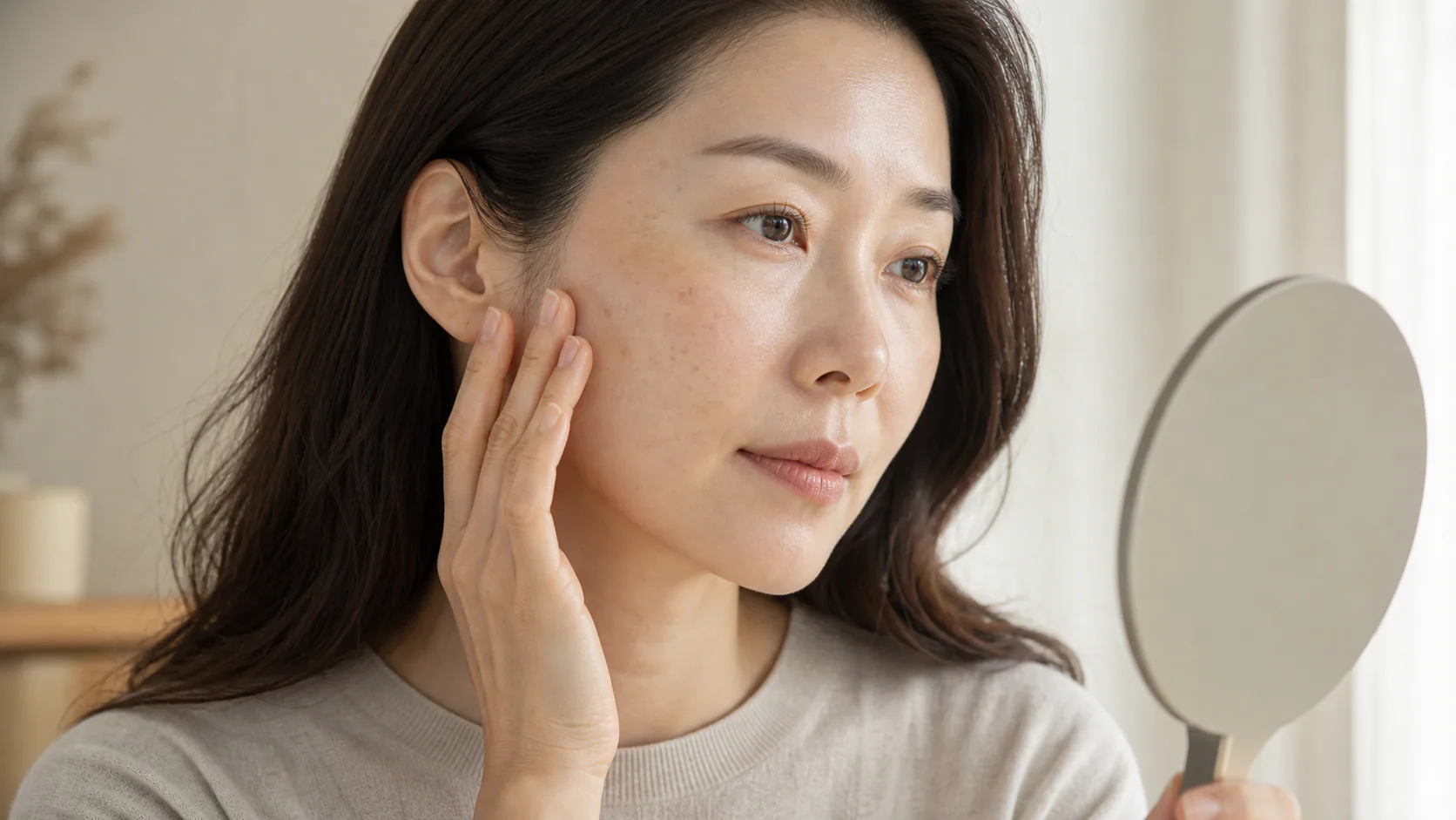 자연광 아래에서 거울로 볼의 여러 색소를 살펴보는 여성