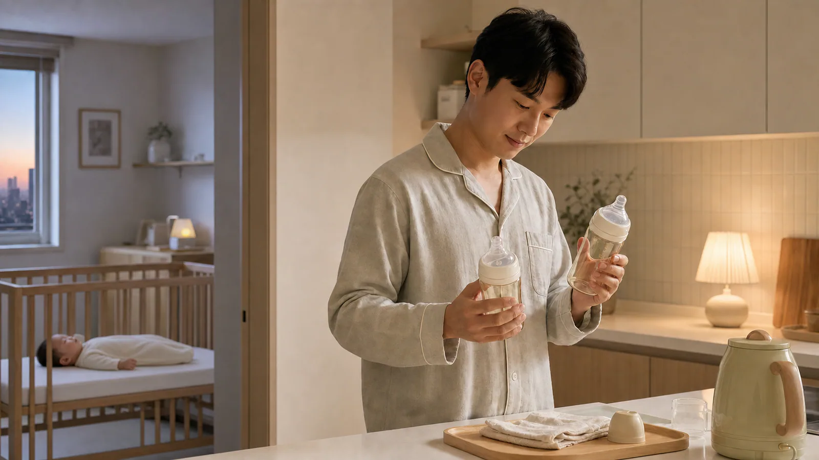새벽 주방에서 두 개의 와이드넥 젖병 눈금과 젖꼭지를 비교하는 아빠와 안전하게 잠든 아기