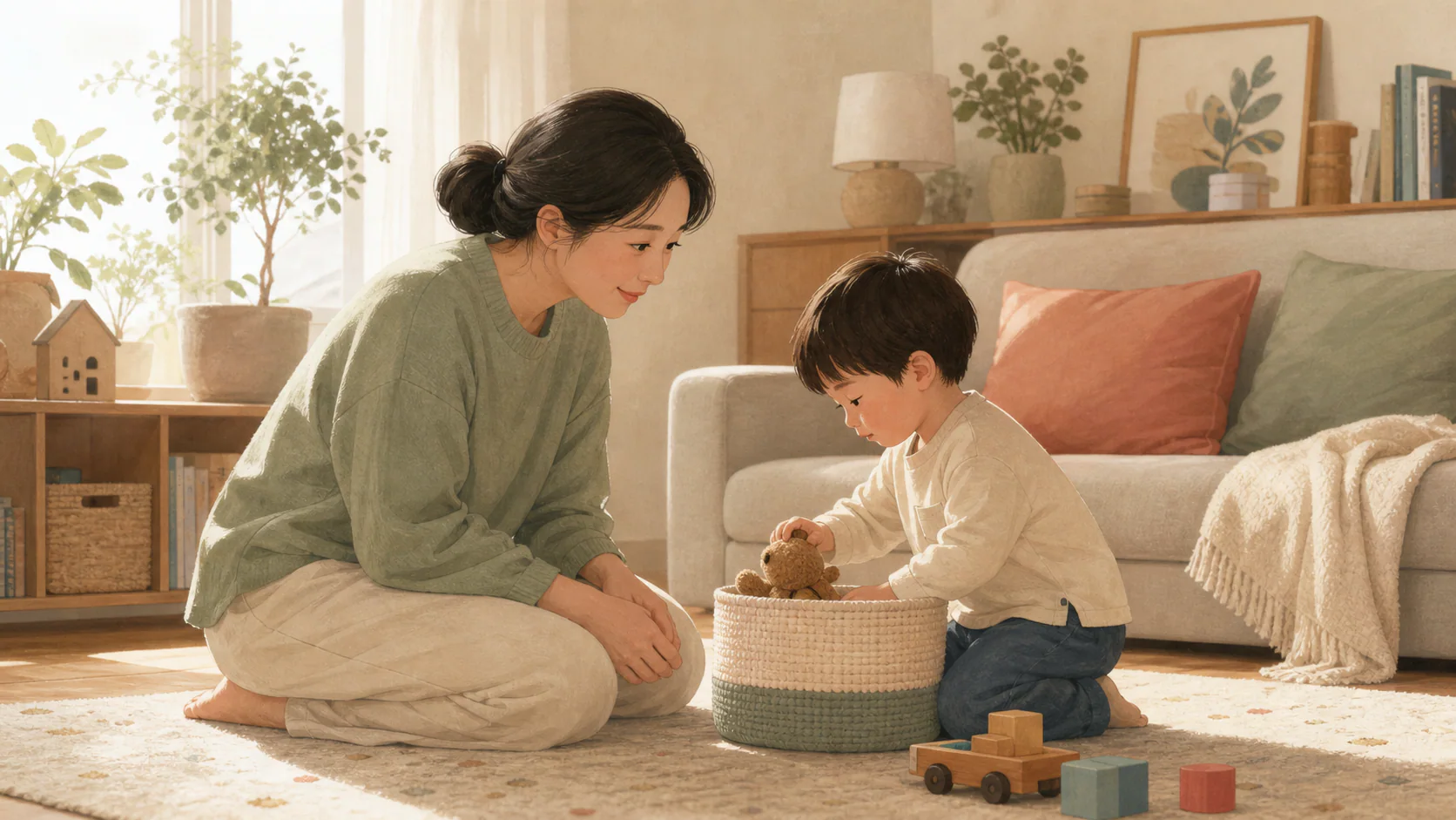 따뜻한 거실에서 부모가 아이의 눈높이에 앉아 장난감 정리를 차분히 지켜보는 모습