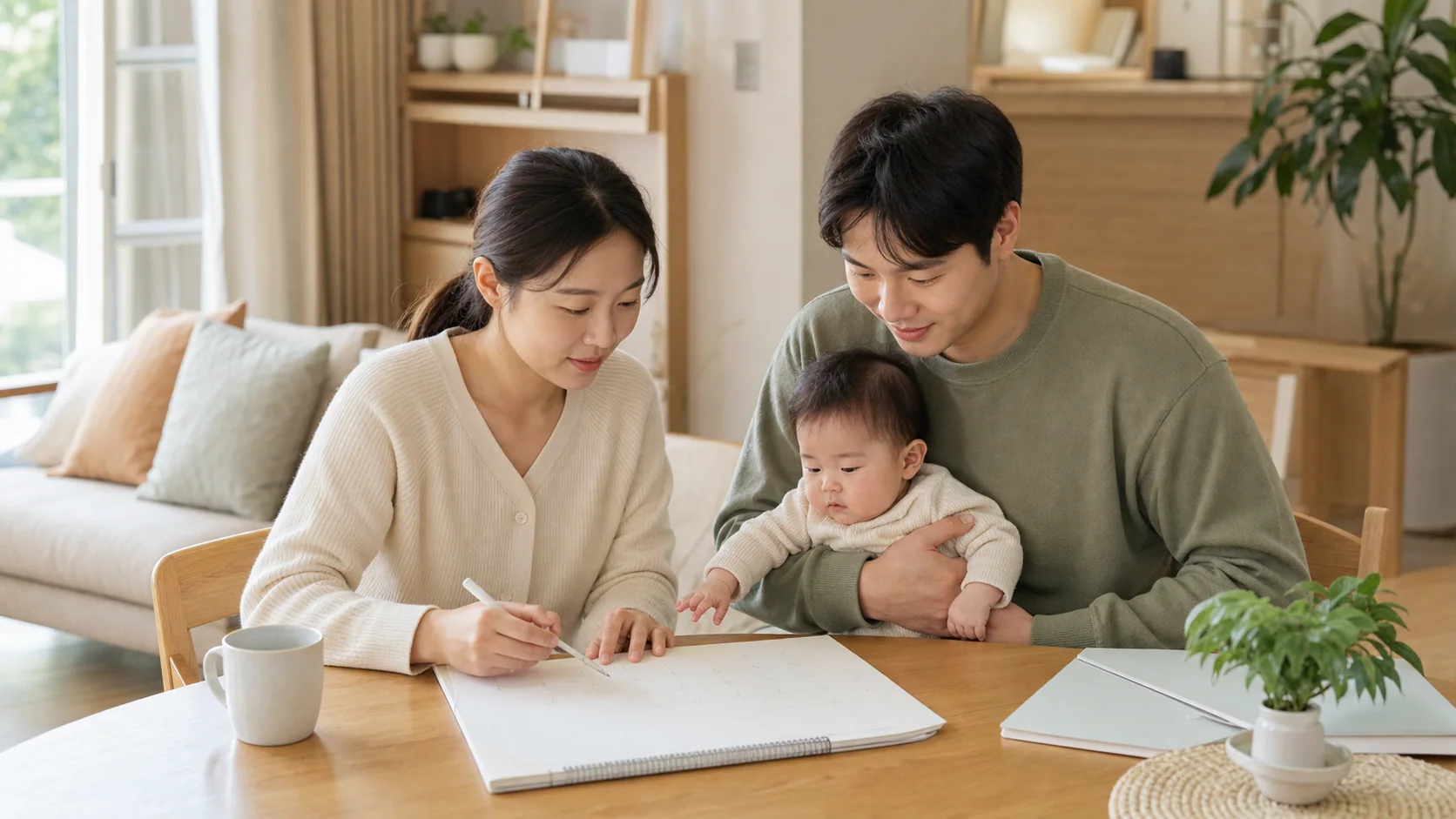 밝은 거실에서 아기를 안은 맞벌이 부부가 함께 달력을 보며 육아휴직 계획을 세우는 모습