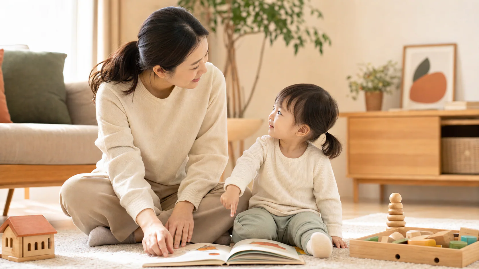 밝고 따뜻한 거실에서 그림책을 함께 보며 시선을 주고받는 부모와 두세 살 아이