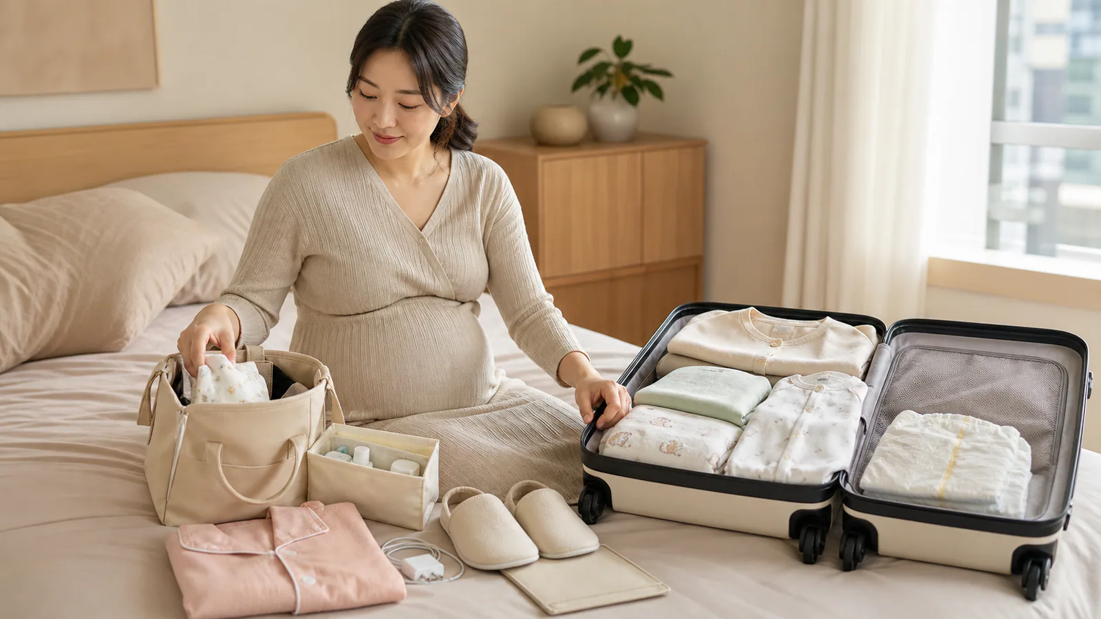 출산을 앞두고 병원용 손가방과 조리원용 캐리어에 준비물을 나누어 담는 임산부