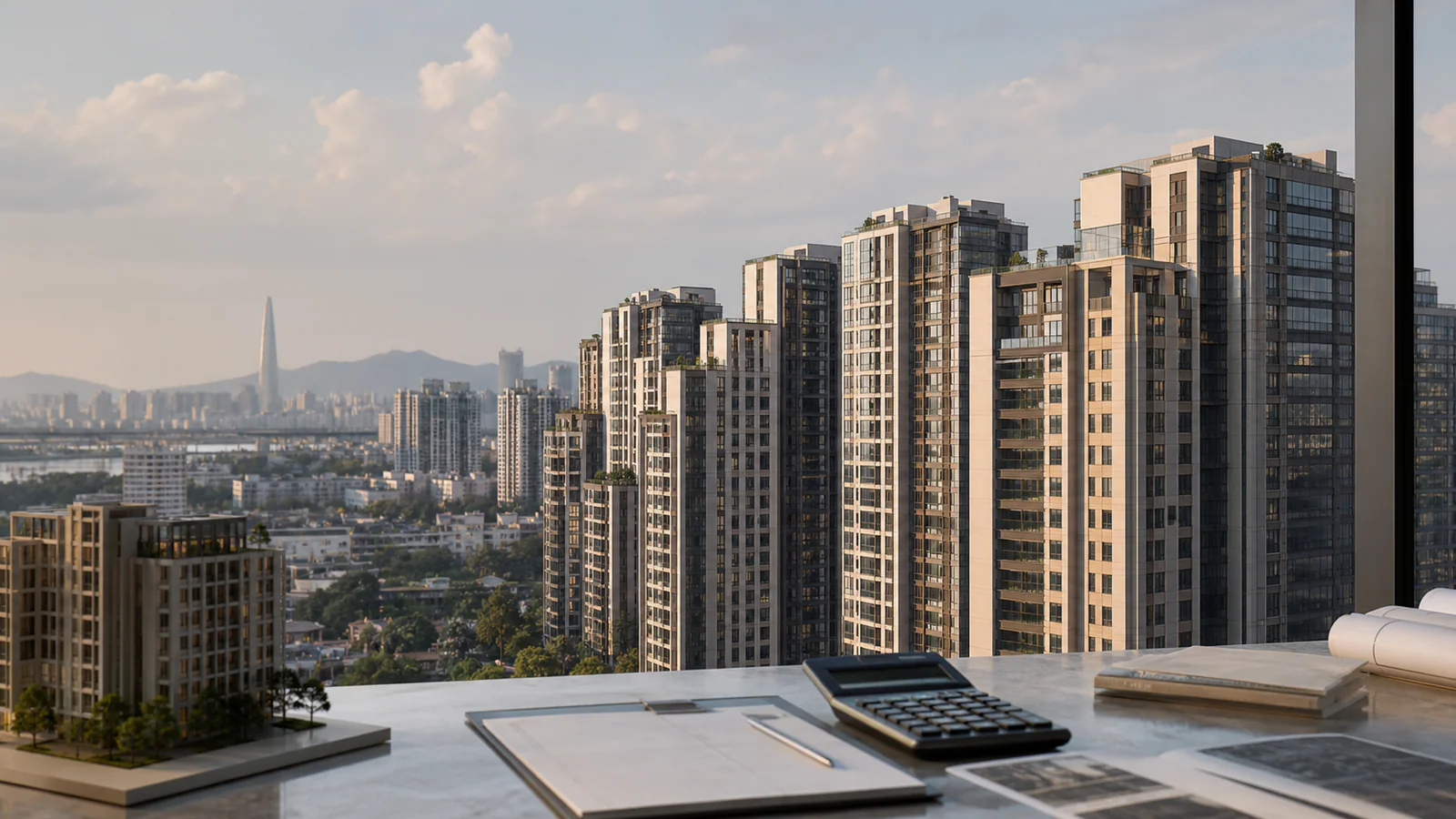 서울의 고급 아파트 단지와 계산기, 세금 검토 서류를 함께 배치한 부동산 세제 분석 이미지